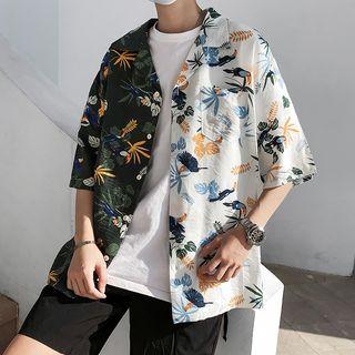 3/4-sleeve Color Block Printed Shirt