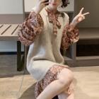 Set: Bell-sleeve Mini Floral Chiffon Dress + Knit Vest