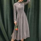 Mock-turtleneck Long-sleeve Glitter Midi A-line Dress