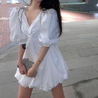 Bow Accent Puff-sleeve Mini A-line Dress White - One Size