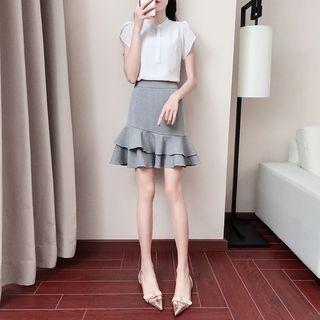 Set: Short-sleeve Blouse + Ruffle Hem A-line Skirt