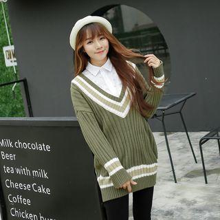 Contrast Trim V-neck Ribbed Sweater