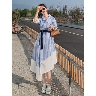 Flared-sleeve Henley Striped Midi Shirt Dress