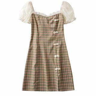 Mesh Panel Frog-button Plaid Sheath Dress