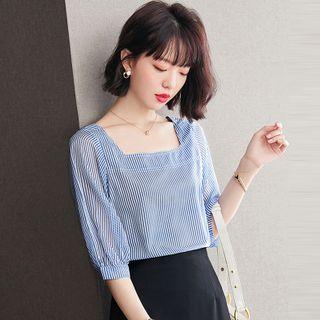 Elbow-sleeve Square-neck Striped Chiffon Blouse
