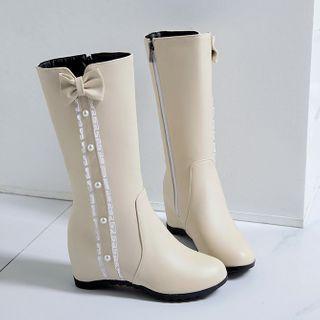 Faux Pearl Bow Hidden Wedge Heel Mid-calf Boots