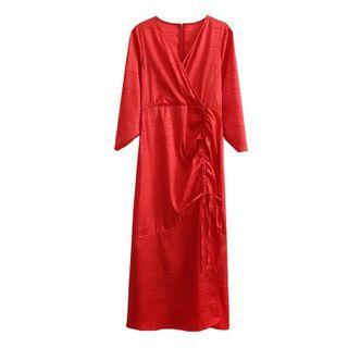 Elbow-sleeve Drawstring Midi Sheath Dress
