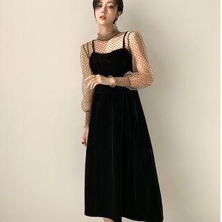 Mock-neck Dotted Velvet A-line Dress