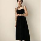 Mock-neck Dotted Velvet A-line Dress