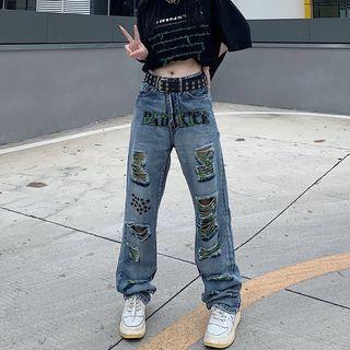 Low Rise Star Print Distressed Wide Leg Jeans