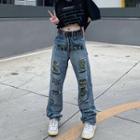 Low Rise Star Print Distressed Wide Leg Jeans