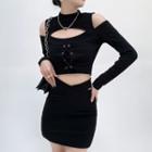 Long-sleeve Cold Shoulder Crop Top / Mini Skirt / Set