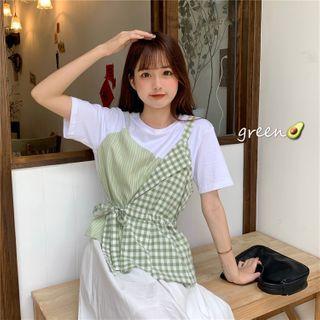 Mock Two-piece Plain Short-sleeve Dress Green - One Size