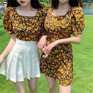 Floral Short-sleeve Cropped Blouse / Mini A-line Dress