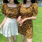 Floral Short-sleeve Cropped Blouse / Mini A-line Dress