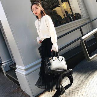 Set: Lace Panel Sweater + Ruffle Tiered Midi Skirt