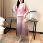 Long-sleeve Printed Knit Sweater + High-waist Gradient Accordion Pleat Midi Mesh Skirt
