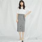 Button-front Check Midi Skirt With Belt