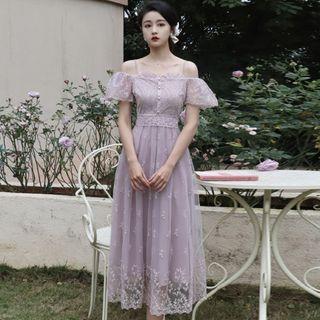 Short-sleeve Off-shoulder Lace Midi A-line Dress