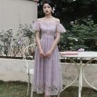 Short-sleeve Off-shoulder Lace Midi A-line Dress
