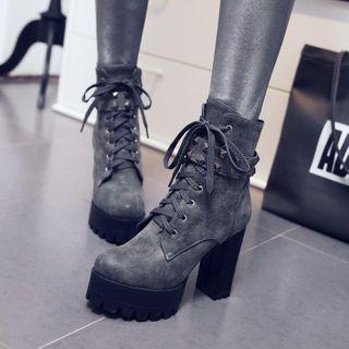 Studded Lace Up Platform Chunky Heel Short Boots