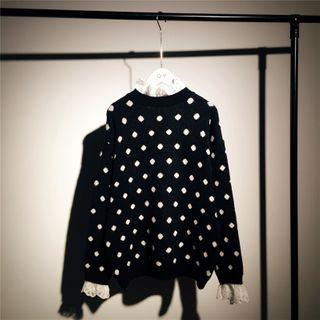 Round-neck Dots Lace Mock Two Piece Long-sleeve Knitted Top