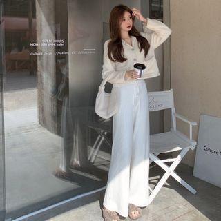 V-neck Single Breasted Cardigan / Knit Wide Leg Pants