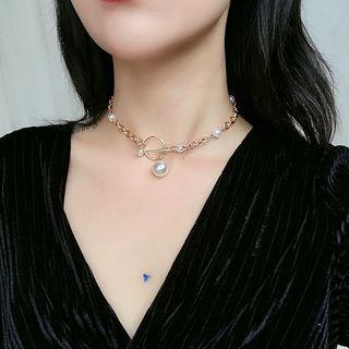 Alloy Safety Pin Dangle Earring Faux Pearl - Gold - One Size