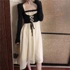 Long-sleeve Lace-up Top / Strapless Midi Dress