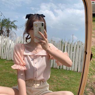 Chiffon Panel Bell-sleeve Plaid Blouse