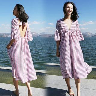 Striped V-neck Elbow-sleeve Midi A-line Dress