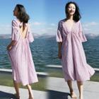 Striped V-neck Elbow-sleeve Midi A-line Dress