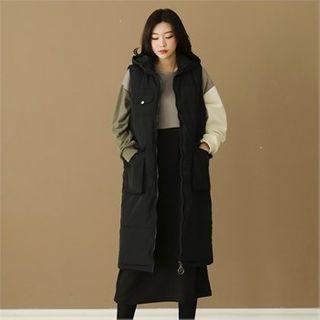 Hooded Pocket-detail Long Padded Vest Black - One Size