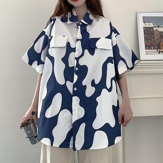 3/4-sleeve Cow Print Shirt