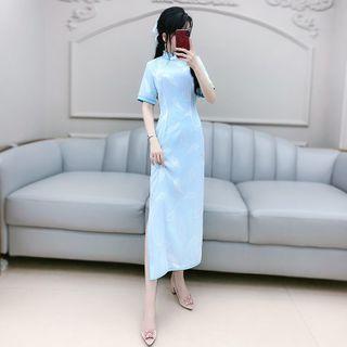 Feather Print Short-sleeve Qipao
