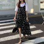 Asymmetrical Hem Floral Strappy Dress Black - One Size