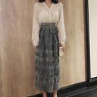 Furry Trim Blouse / Tiered Midi Skirt