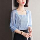 Elbow-sleeve Square-neck Striped Blouse