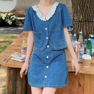 Set: Short-sleeve Denim Blouse + Mini Skirt