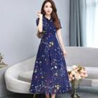 Short-sleeve Galaxy Print Chiffon A-line Dress