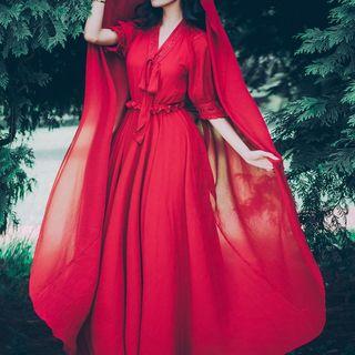 Bow Balloon-sleeve Ruffled Midi A-line Dress