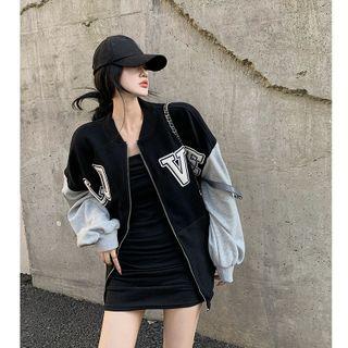 Lettering Loose-fit Baseball Jacket Black - One Size