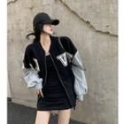 Lettering Loose-fit Baseball Jacket Black - One Size