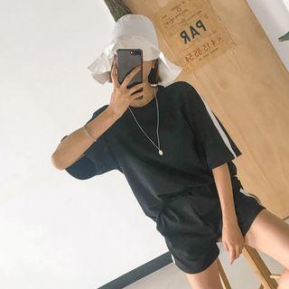 Set: 3/4-sleeve Contrast-trim Top + Band-waist Shorts