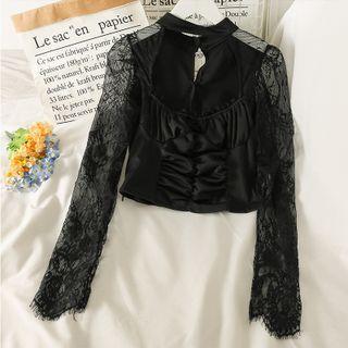 Lace-sleeve Ruched Cropped Halter Top