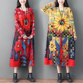 Long-sleeve Midi Printed Shift Dress
