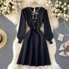 Round-neck Faux Pearl Bow Puff-sleeve Dress Black - One Size