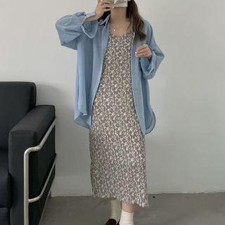 Long Sleeve Plain Shirt / Spaghetti Strap Floral Print Dress
