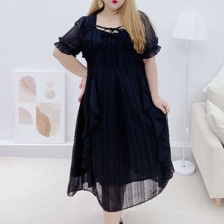 Plus Size Short-sleeve Ruffle Lace Trim Midi A-line Dress