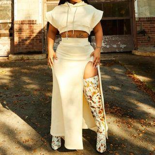 Set: Cap-sleeve Cropped Hoodie + Slit Maxi A-line Skirt